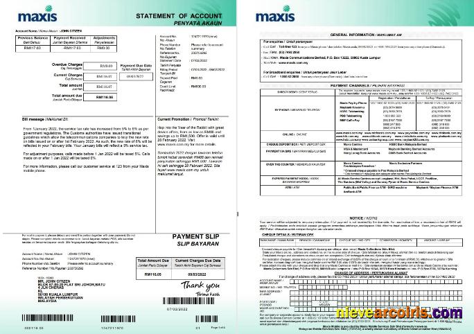 Malaysia Maxis bank statement 5 pages